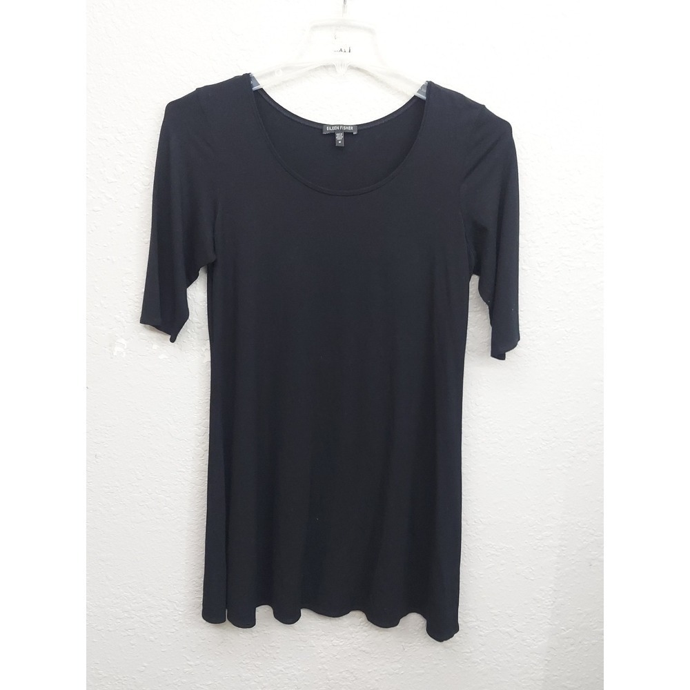 Eileen Fisher Dress Womens Medium Black Short Sleeve Shirt Round Neck A Line
